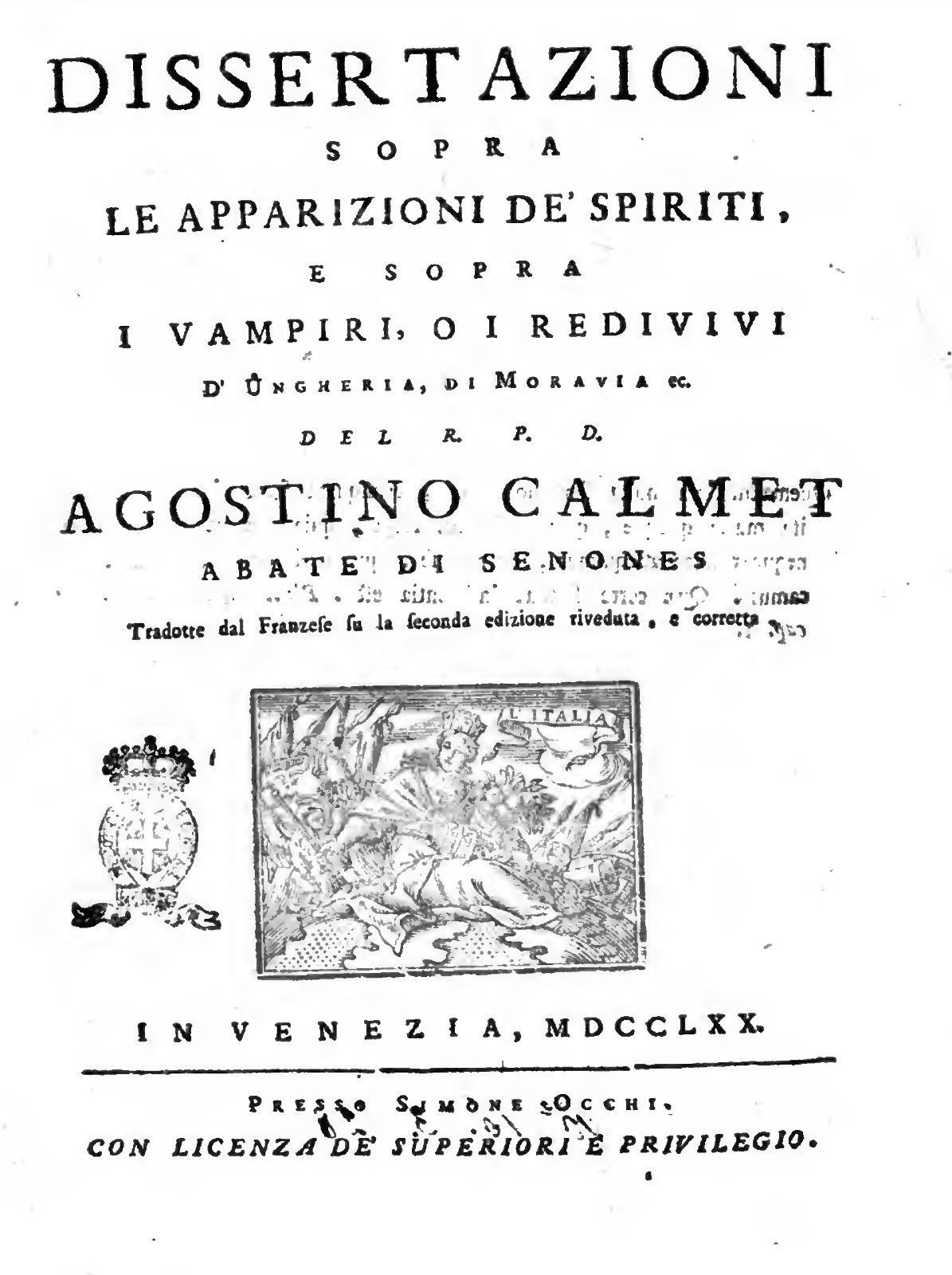 “Dissertazioni sopra le apparizioni de’ spiriti e vampiri” di Augustin Calmet in bancarella