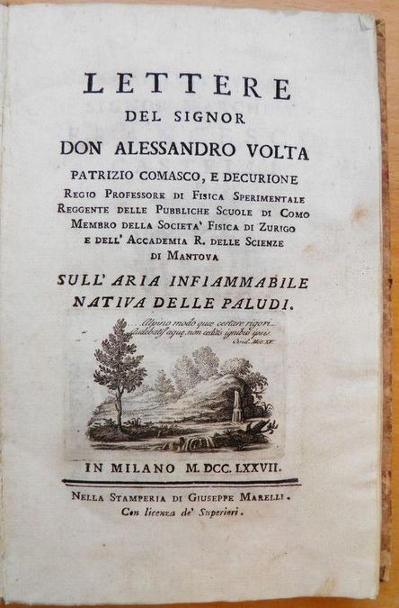 “Lettere sull’aria infiammabile…nativa delle paludi” di Alessandro Volta (Giuseppe Marelli, 1777)