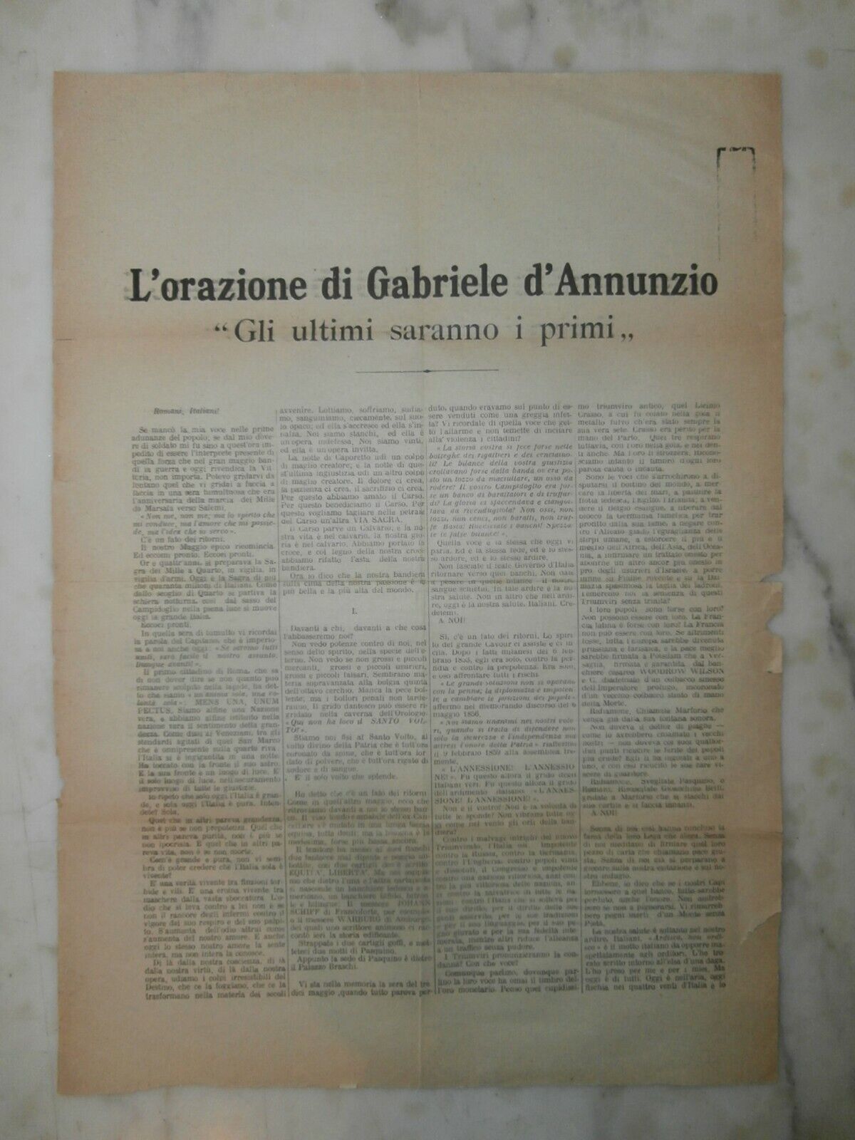 “Gli ultimi saranno i primi”: orazione di Gabriele D’Annunzio al popolo di Roma nell’Augusteo il 4 maggio 1919